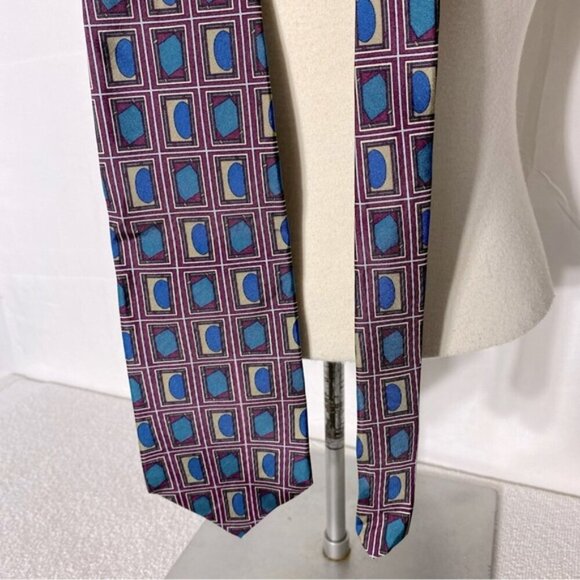 Vintage Burgundy Blue Square Print Tie - Picture 8 of 8
